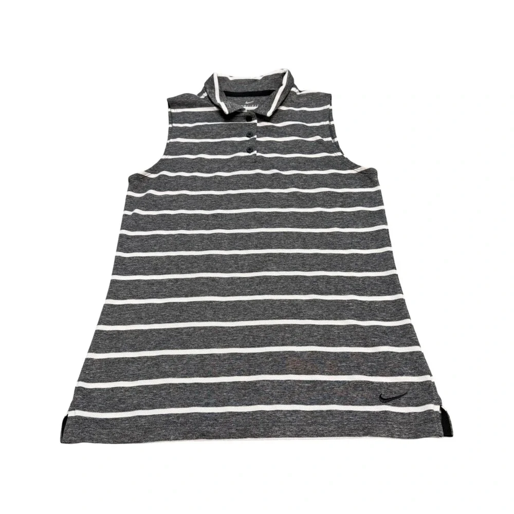 Nike Dri-FIT Sleeveless Polo Shirt Womens Small Gray White Striped Golf Tennis